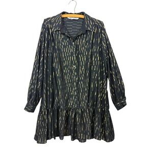 Zara Black Gold Metallic Foil Dash Print Ruffle Mini Shirt Dress Womens Large